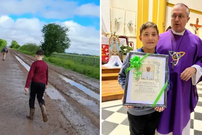Maximiliano Pavillaux walks in the mud to reach the parish for confirmation on Nov. 11, 2023. / The child receives the recognition of Pope Francis from Bishop Mauricio Landra, the auxiliary bishop of Mercedes-Luján, Argentina.?w=200&h=150