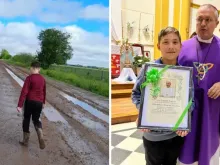 Maximiliano Pavillaux walks in the mud to reach the parish for confirmation on Nov. 11, 2023. / The child receives the recognition of Pope Francis from Bishop Mauricio Landra, the auxiliary bishop of Mercedes-Luján, Argentina.