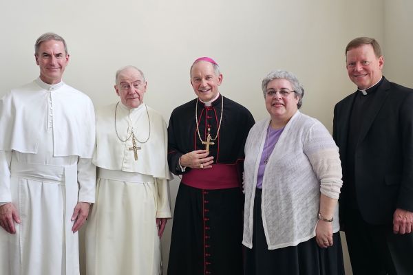 From left: Father Augustine Puchner, OPraem, prior; Abbot Eugene Hayes, OPraem, St. Michael’s Abbey; Bishop Thomas John Paprocki of the Diocese of Springfield in Illinois; Sister Janice Schneider, OSF (Hospital Sisters of St. Francis); and Msgr. David Hoefler, vicar general of the Diocese of Springfield in Illinois, pose for a photo on July 1, 2023, the opening day of Corpus Christi Priory. Photo credit: Diocese of Springfield