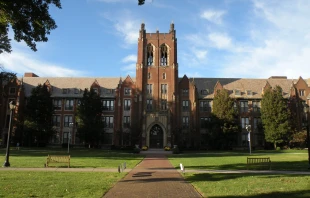 A view of the Notre Dame College administration building from the south, including its tower. Credit: Josephgg216, CC BY-SA 4.0, via Wikimedia Commons