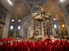 Cardinals participate in the fifth Novendiales Mass for Pope Francis on April 30, 2025, in St. Peter’s Basilica at the Vatican.
