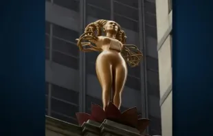 The golden-horned female statue titled “NOW” was made by Pakistani-born artist Shahzia Sikander. Credit: Ben Shapiro/YouTube
