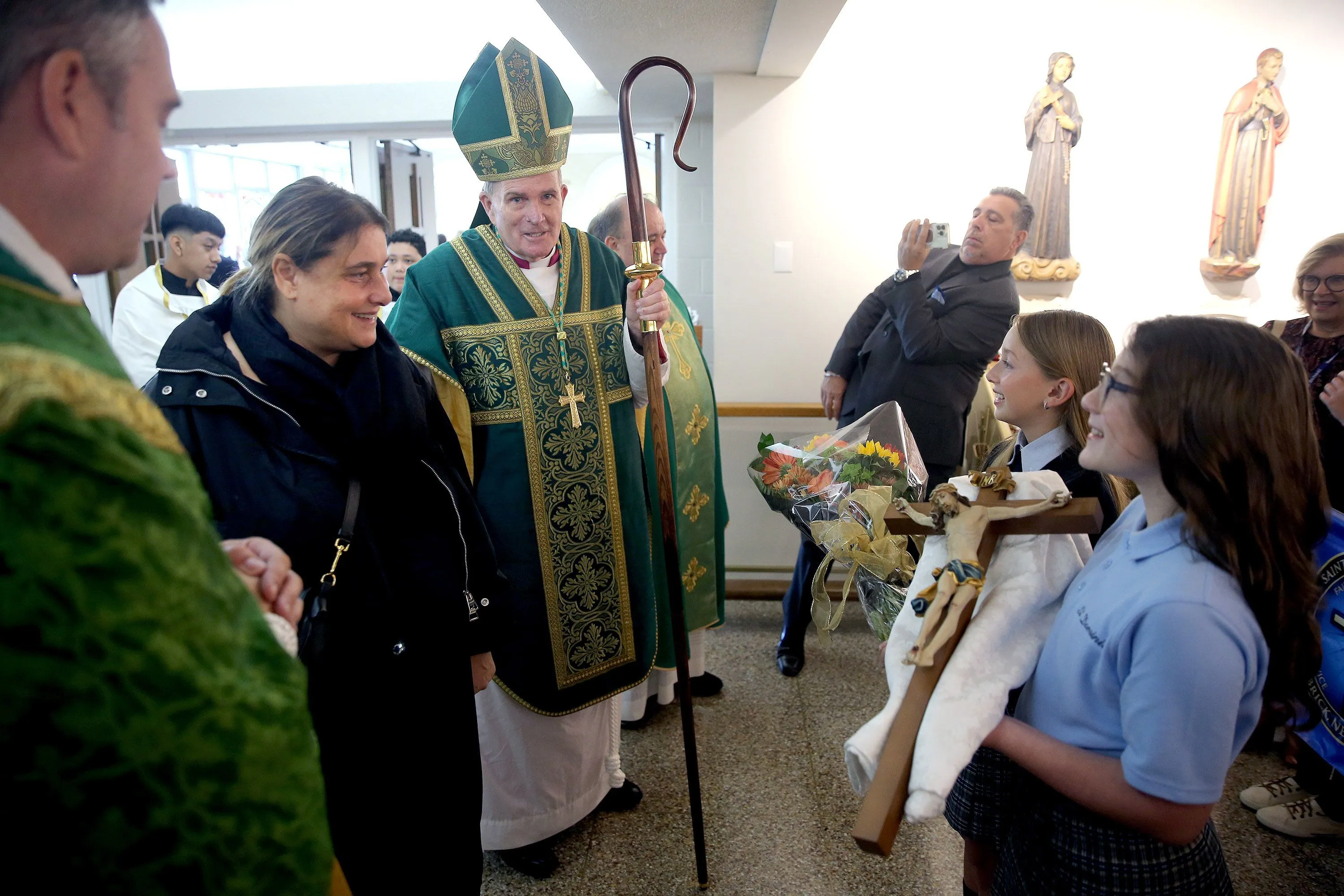 Antonia Salzano, Carlo Acutis' mother, and Bishop David O'Connell speak to schoolchildren at the blessing of the Carlo Acutis shrine at St. Dominic Parish in Brick, New Jersey. Oct 1, 2023.?w=200&h=150