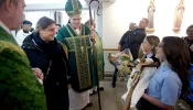 Antonia Salzano, Carlo Acutis' mother, and Bishop David O'Connell speak to schoolchildren at the blessing of the Carlo Acutis shrine at St. Dominic Parish in Brick, New Jersey. Oct 1, 2023.