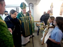 Antonia Salzano, Carlo Acutis' mother, and Bishop David O'Connell speak to schoolchildren at the blessing of the Carlo Acutis shrine at St. Dominic Parish in Brick, New Jersey. Oct 1, 2023.