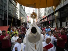 Thousands of people gathered in Times Square for a eucharistic procession in New York City on May 27, 2023.
