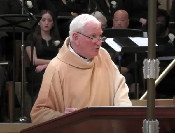 Monsignor Jarlath (Jay) Cunnane speaks at the funeral Mass of Bishop David O'Connell at the Cathedral of Our Lady of the Angels in downtown Los Angeles on March 3, 2023. Credit: YouTube/olaCathedral