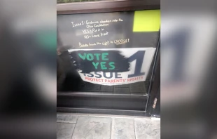 Pro-abortion vandalism at Incarnation Catholic Church in Centerville, Ohio, ahead of the Nov. 7, 2023, vote on Issue 1 in the state. Credit: Photo courtesy of the Archdiocese of Cincinnati