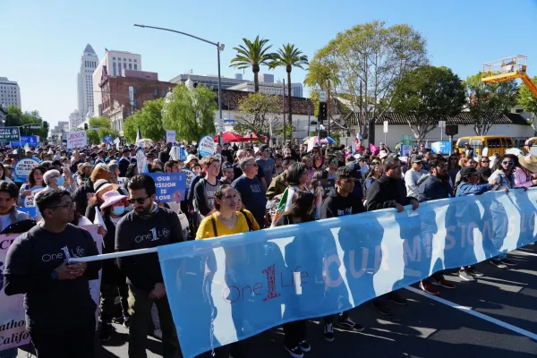 OneLife LA began the West Coast Walk for Life on Jan. 21, 2023, with a youth and young-adult kickoff and a greeting from Archbishop Jose Gomez, who then led walkers from Olvera Street to Los Angeles State Historic Park. Credit: Stefano Garzia