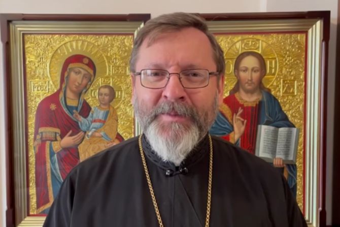Major Archbishop Sviatoslav Shevchuk records a video message in Kyiv, Ukraine, on March 8, 2022