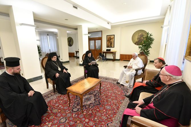 Pope Francis meets with a delegation from the Ecumenical Patriarchate of Constantinople in the Vatican's Santa Marta guesthouse, June 30, 2022.
