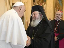 Pope Francis converses with Metropolitan Agathangelos, director general of the Apostolikí Diakonía of the Greek Orthodox Church, at the Vatican on May 16, 2024.