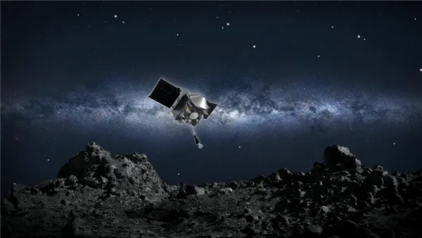 Artist's concept of NASA’s OSIRIS-REx spacecraft collecting a sample from the asteroid Bennu. Credit: NASA/Goddard/University of Arizona