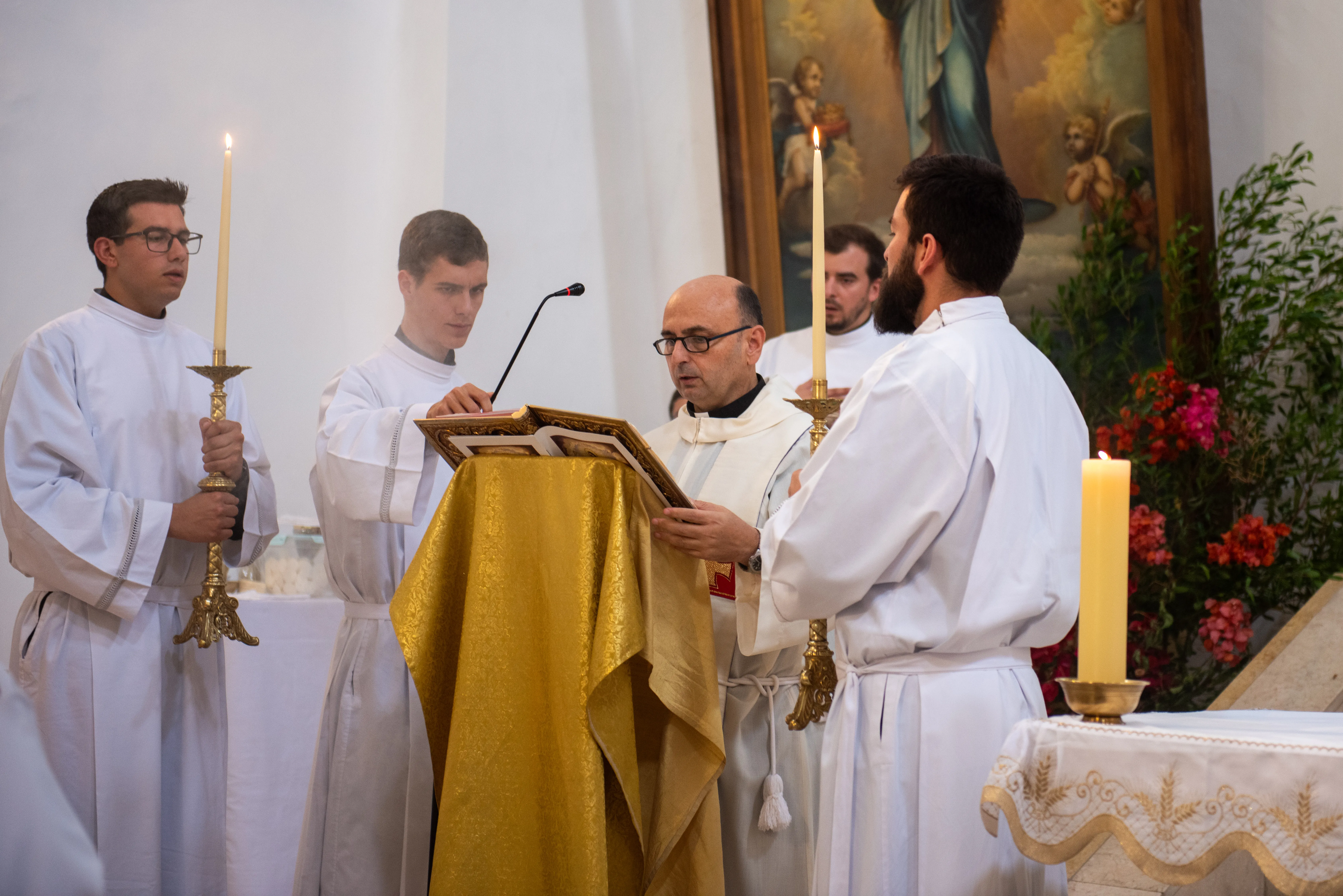 Father Gabriel Romanelli (center), the Latin parish priest of Gaza, is among the celebrants at a Mass to celebrate the feast day of Our Lady, Queen of Palestine and the Holy Land at the shrine dedicated to her at Deir Rafat on Sunday, Oct. 29, 2023.?w=200&h=150