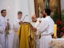 Father Gabriel Romanelli (center), the Latin parish priest of Gaza, is among the celebrants at a Mass to celebrate the feast day of Our Lady, Queen of Palestine and the Holy Land at the shrine dedicated to her at Deir Rafat on Sunday, Oct. 29, 2023.