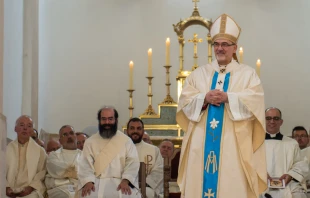 Cardinal Pierbattista Pizzaballa, Latin patriarch of Jerusalem, delivers his homily at a Mass in celebration of the feast day of Our Lady, Queen of Palestine and the Holy Land at the shrine dedicated to her at Deir Rafat on Sunday, Oct. 29, 2023. Credit: Marinella Bandini