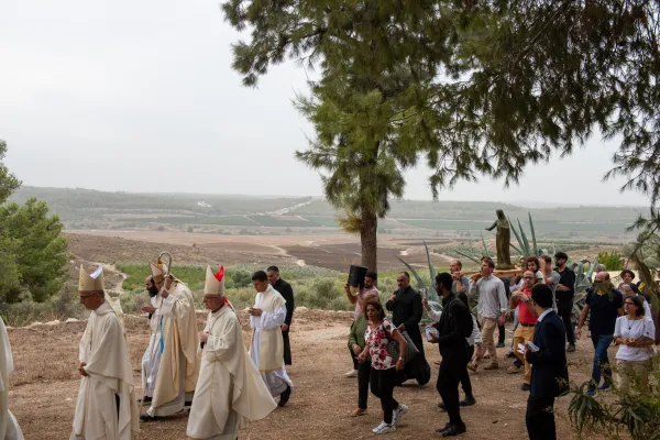 Pilgrims and clergy participate in a traditional procession with a statue of Our Lady following a Mass in celebration of the feast day of Our Lady, Queen of Palestine and the Holy Land at the shrine dedicated to her at Deir Rafat on Sunday, Oct. 29, 2023. Credit: Marinella Bandini