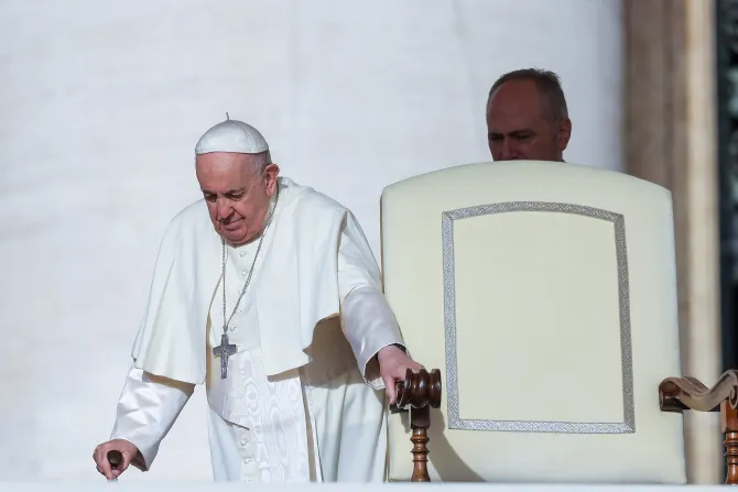 Pope Francis walking to his chair at the general audience, Sept. 28, 2022