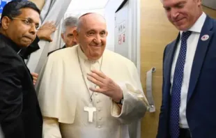 Pope Francis on board the plane that took him from Rome to Mongolia, Aug. 31, 2023. Credit: Vatican Media