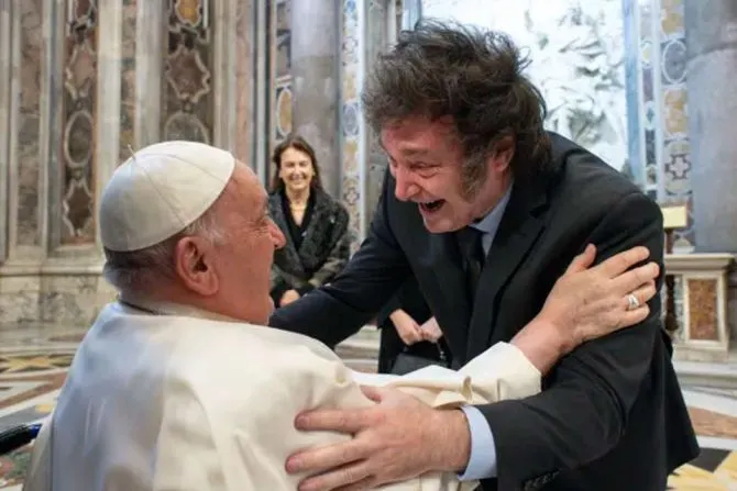 Pope Francis greets Argentina President Javier Milei in St. Peter’s Basilica on Feb. 11, 2024, at the canonization of Mama Antula, the first female saint from Argentina.?w=200&h=150