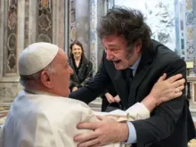 Pope Francis greets Argentina President Javier Milei in St. Peter’s Basilica on Feb. 11, 2024, at the canonization of Mama Antula, the first female saint from Argentina.