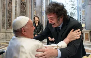 Pope Francis greets Argentina President Javier Milei in St. Peter’s Basilica on Feb. 11, 2024, at the canonization of Mama Antula, the first female saint from Argentina. Credit: Vatican Media