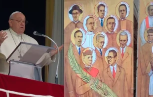 Pope Francis at the Sunday, Nov. 19, 2023, Angelus and martyrs beatified in Seville on Nov. 18, 2023. Credit: Youtube Vatican News / Archdiocese of Seville