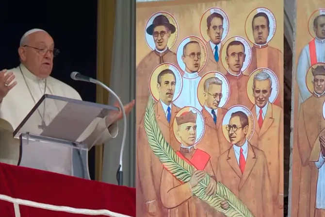 Pope Francis at the Sunday, Nov. 19, 2023, Angelus and martyrs beatified in Seville on Nov. 18, 2023. Credit: Youtube Vatican News / Archdiocese of Seville