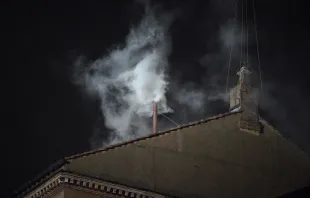 White smoke rises from the chimney of the Sistine Chapel on March 13, 2013, signaling that the College of Cardinals has elected a new pope. Credit: ALBERTO PIZZOLI/AFP via Getty Images