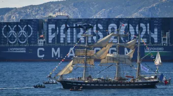 The French 19th-century three-masted barque Belem is seen from the Palais du Pharo in the southern port city of Marseille on May 8, 2024, before the Olympic Flame arrival ceremony, ahead of the Paris 2024 Olympic and Paralympic Games. The Belem is set to reach Marseille on May 8 and ten thousand torchbearers will then carry the flame across 64 French territories.