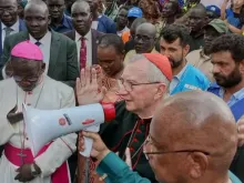 Cardinal Pietro Parolin addresses returnees and refugees at their camp in the Diocese of Malakal in South Sudan Aug. 15, 2023.
