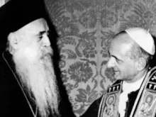 Pope Paul VI meets Orthodox Patriarch Athenagoras I at his residence of the apostolic delegation on Jan. 5, 1964. The meeting between the two church leaders ended a 900-year standoff between the Roman Catholic Church and the Orthodox Church.