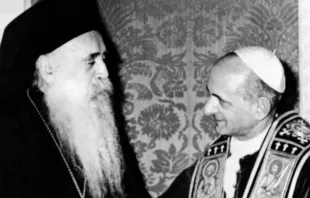 Pope Paul VI meets Orthodox Patriarch Athenagoras I at his residence of the apostolic delegation on Jan. 5, 1964. The meeting between the two church leaders ended a 900-year standoff between the Roman Catholic Church and the Orthodox Church. Credit: EPU FILES/AFP via Getty Images