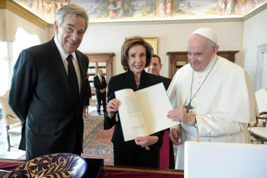 House Speaker Nancy Pelosi (center) with Pope Francis (right), during their Oct. 9 meeting at the Vatican.?w=200&h=150