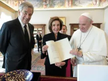 House Speaker Nancy Pelosi (center) with Pope Francis (right), during their Oct. 9 meeting at the Vatican.