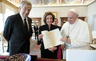 House Speaker Nancy Pelosi (center) with Pope Francis (right), during their Oct. 9 meeting at the Vatican. Vatican Media