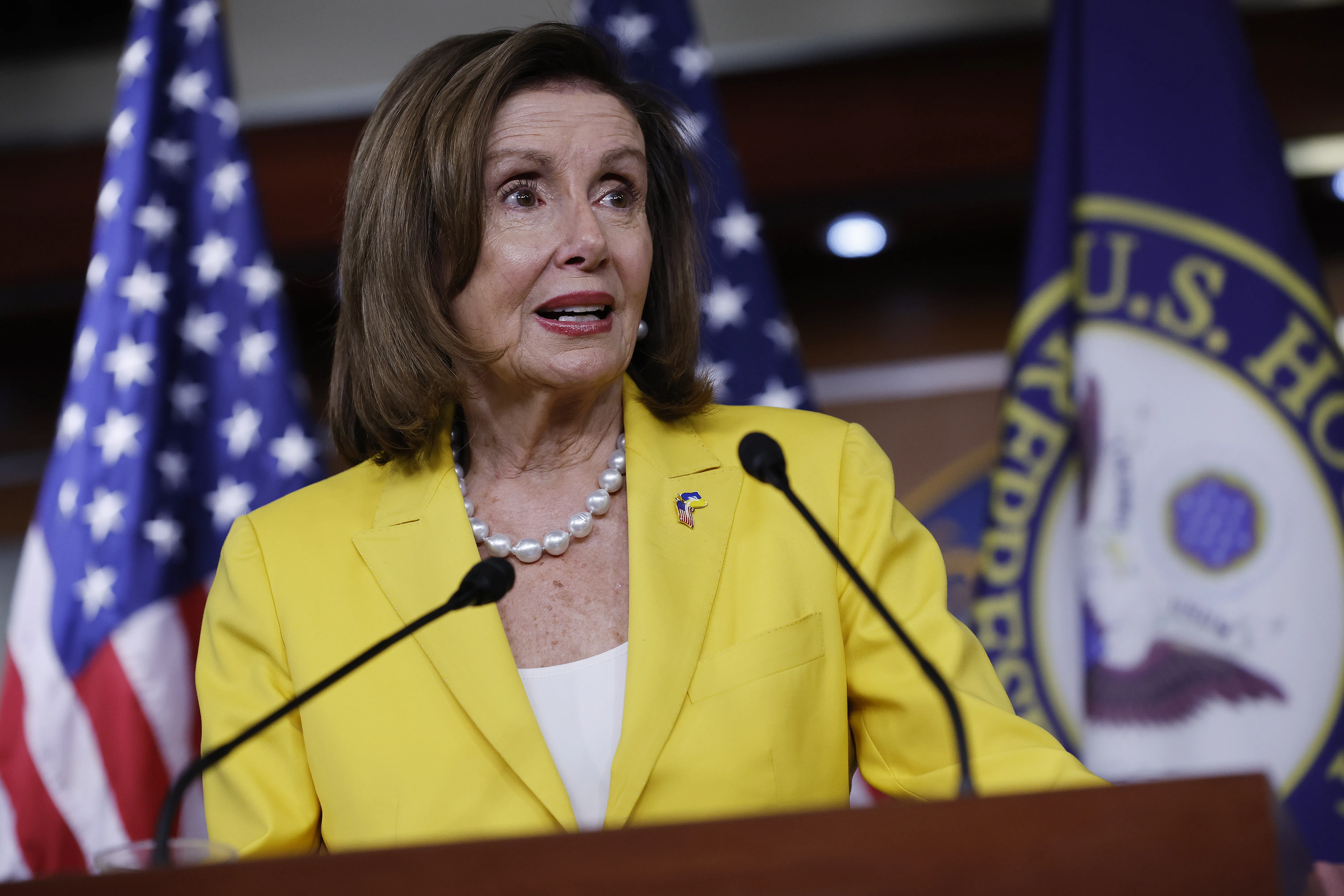 Speaker of the House Nancy Pelosi (D-CA) talks to reporters during her weekly news conference in the U.S. Capitol Visitors Center on June 16, 2022 in Washington, D.C.?w=200&h=150