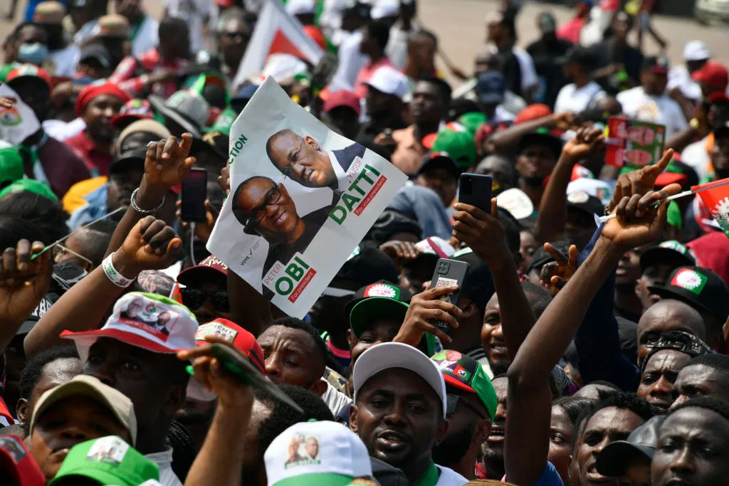 Supporters hold a placard with pictures of the candidate of the Labour Party Peter Obi and running mate Datti Baba-Ahmed during a campaign rally of the party in Lagos, Nigeria, on Feb. 11, 2023.?w=200&h=150