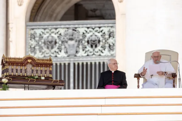 Pope Francis spoke about St. Therese of Lisieux, the patroness of missions, during his general audience June 7, 2023. Relics of St. Therese and her parents, Sts. Louis and Zelie Guerin Martin, were present on the platform beside the pope for the audience. Daniel Ibanez/CNA