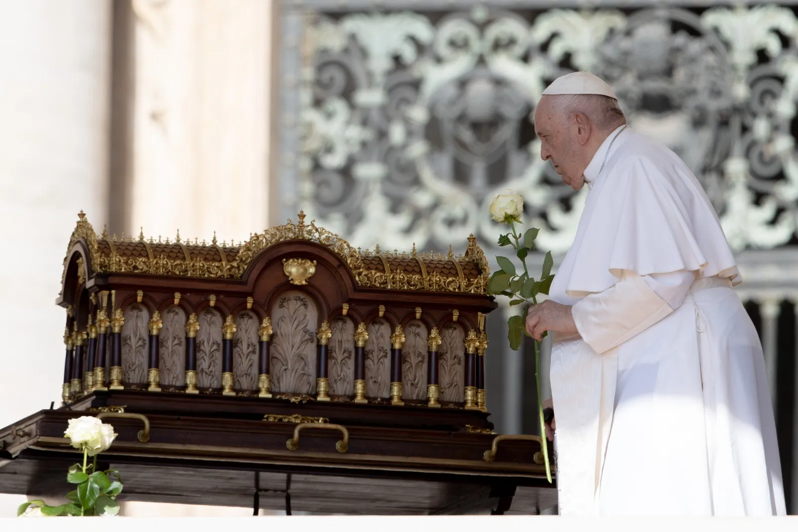 Pope Francis prayed before a relic of St. Therese of Lisieux at the beginning of his general audience in St. Peter's Square, and shortly before going to the hospital for an abdominal surgery, on June 7, 2023.?w=200&h=150