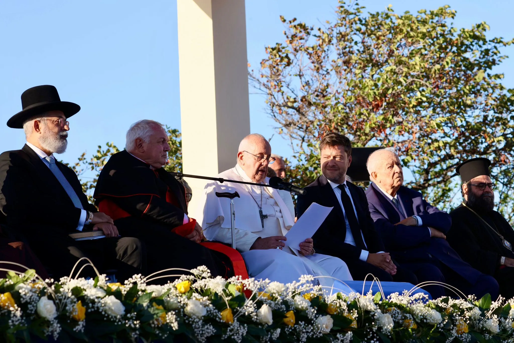 Pope Francis speaks during a meeting with local religious leaders at a memorial dedicated to sailors and migrants lost at sea on the first of a two-day visit to Marseille, France, Sept. 22, 2023.?w=200&h=150