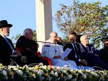 Pope Francis speaks during a meeting with local religious leaders at a memorial dedicated to sailors and migrants lost at sea on the first of a two-day visit to Marseille, France, Sept. 22, 2023.