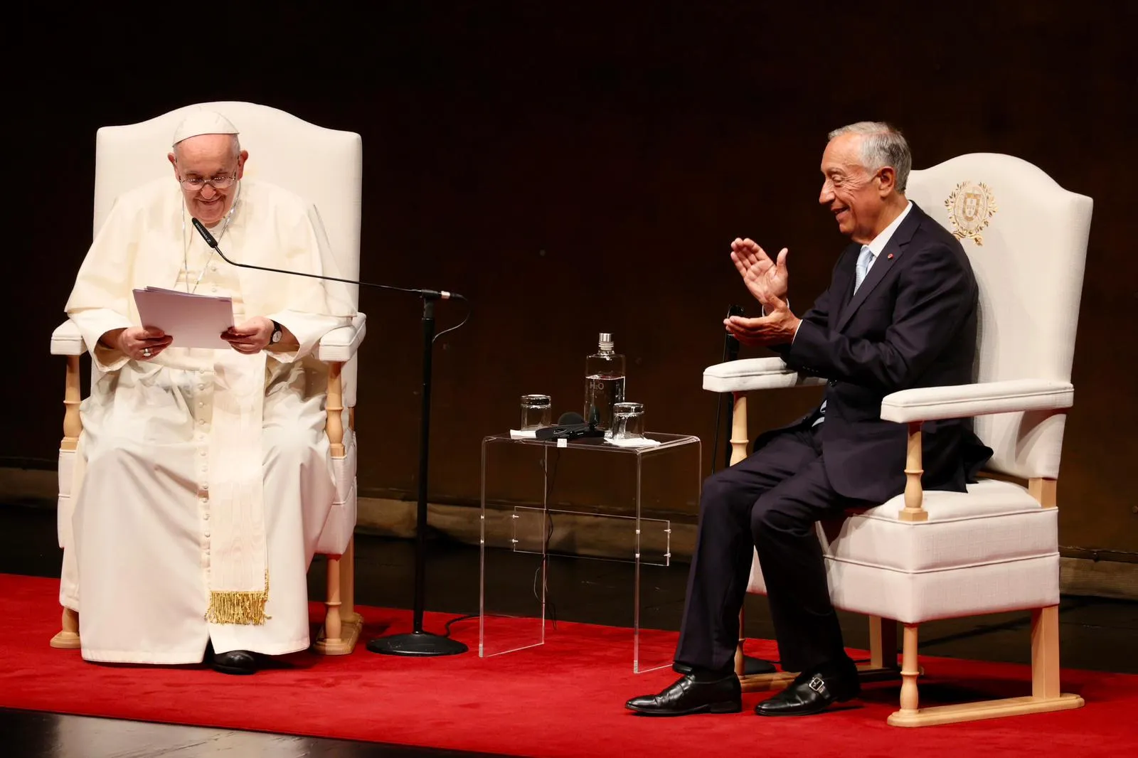 Pope Francis meets with Portugal President Marcelo Rebelo de Sousa at the Belém Cultural Center in Lisbon upon his arrival for World Youth Day on Aug. 2, 2023.?w=200&h=150