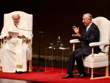 Pope Francis meets with Portugal President Marcelo Rebelo de Sousa at the Belém Cultural Center in Lisbon upon his arrival for World Youth Day on Aug. 2, 2023.