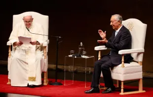 Pope Francis meets with Portugal President Marcelo Rebelo de Sousa at the Belém Cultural Center in Lisbon upon his arrival for World Youth Day on Aug. 2, 2023. Credit: Daniel Ibañez/CNA