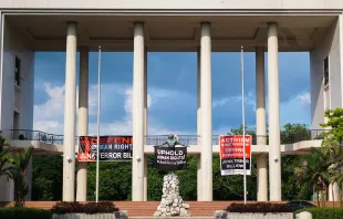 A display opposing the passage of the anti-terrorism law under which the nuns have been charged, at the University of the Philippines in Quezon City, June 17, 2020. Dexter Acebes/Shutterstock
