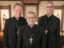 Philadelphia Auxiliary Bishops-elect Keith Chylinski (left), Efren Esmilla, and Christopher Cooke.