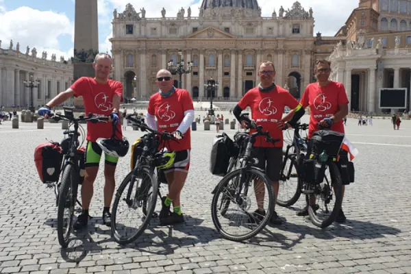 Four pilgrims from Pelplin, northern Poland, arrive in St. Peter’s Square at the Vatican, July 14, 2021. / @PelplinRzym via Twitter.