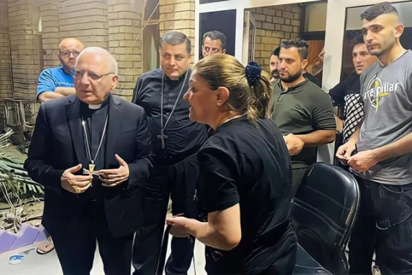 Chaldean Patriarch Louis Raphael Sako (left) and Bishop Basilio Yaldo visit the "Virgin Mary compound" in Baghdad, Iraq, Oct. 5, 2022. saint-adday.com via ACI MENA