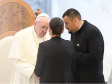 Duha Sabah Abdullah, the mother of David Abdullah, who was killed when ISIS shelled the Catholic city of Qaraqosh in Aug 6, 2014, meeting Pope Francis in March, 2021 in Iraq.
